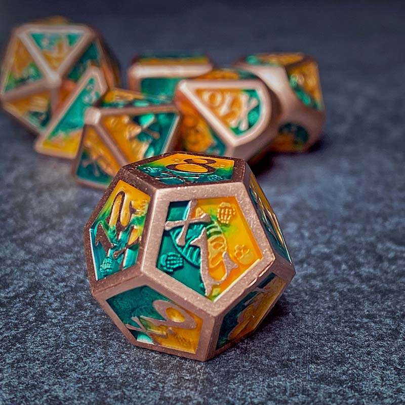 Sage's Grim's Fortunes - Bronze Peach/Green Skull-Bones Metal Polyhedral Dice Set image 3