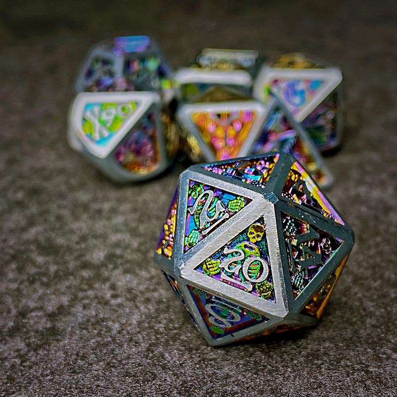 Sage's Grim's Fortunes - Silver/Holo Skull-Bones Metal Polyhedral Dice Set image 1