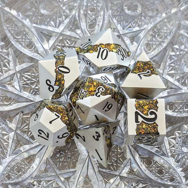 Sage's Rift Stones - Pearl Silver/Chartreuse Metal Polyhedral Dice Set image 9