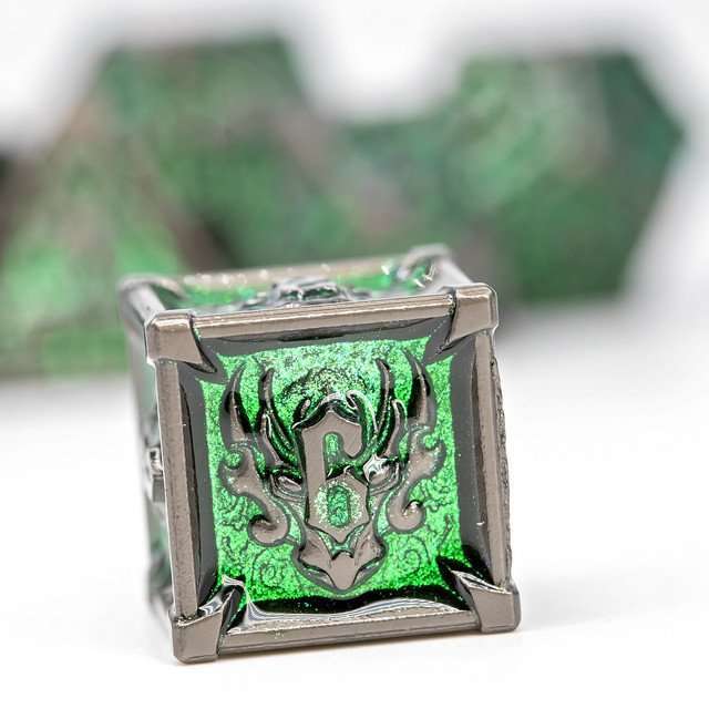 Sage's Grave Fortune Emerald Death Metal Polyhedral Dice Set image 6