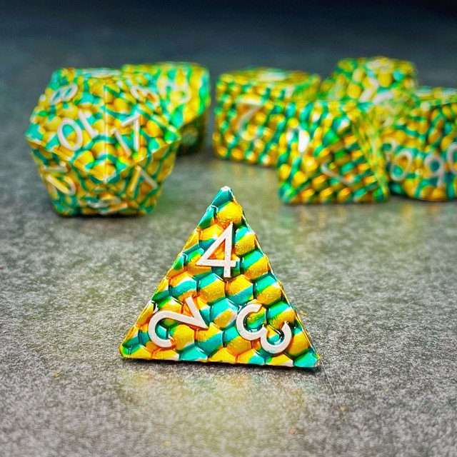Sage's Dragonstones - Scaled Eggs Green/Yellow Metal Polyhedral Dice image 1
