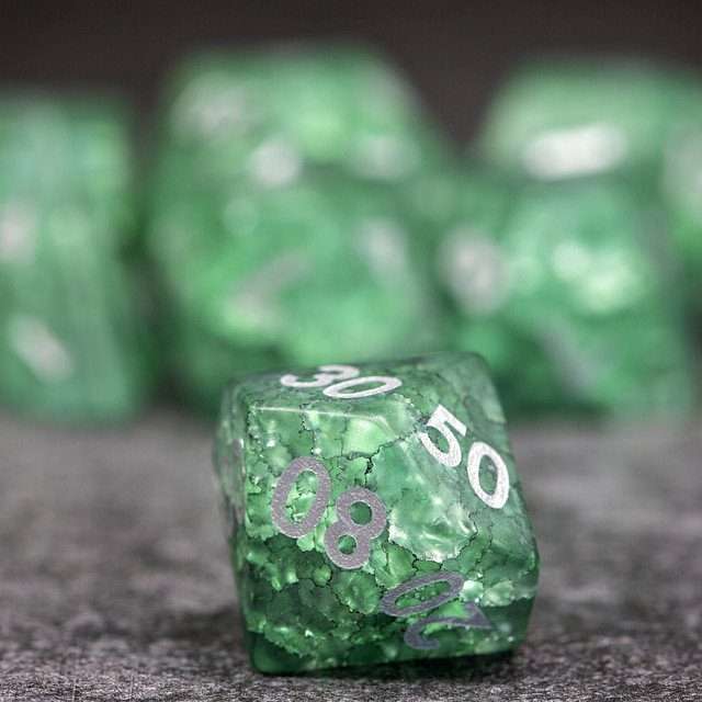 Sage's Kaleidoscopes Green/Mica Cracked Glass Frosted Finish Polyhedral Dice Set image 4