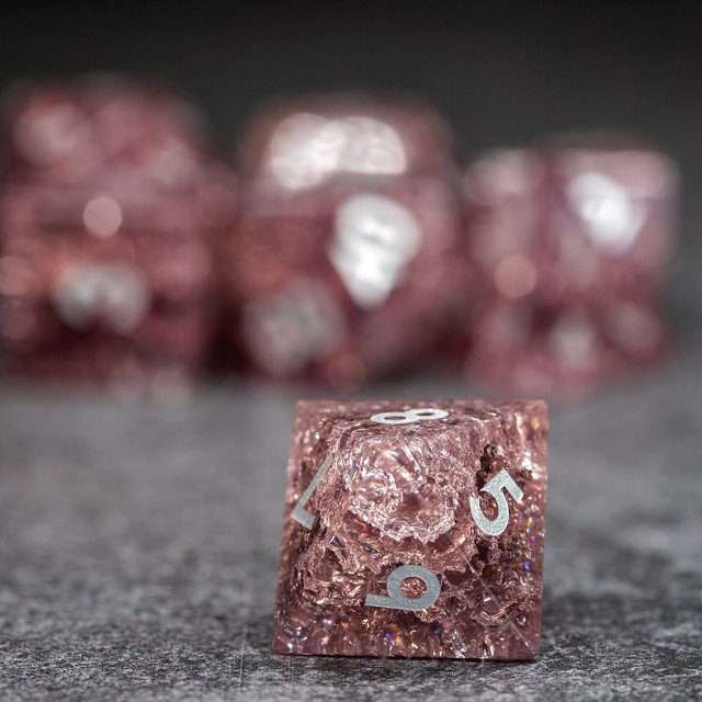 Sage's Kaleidoscopes Salmon Cracked Glass Gloss Finish Polyhedral Dice Set image 6