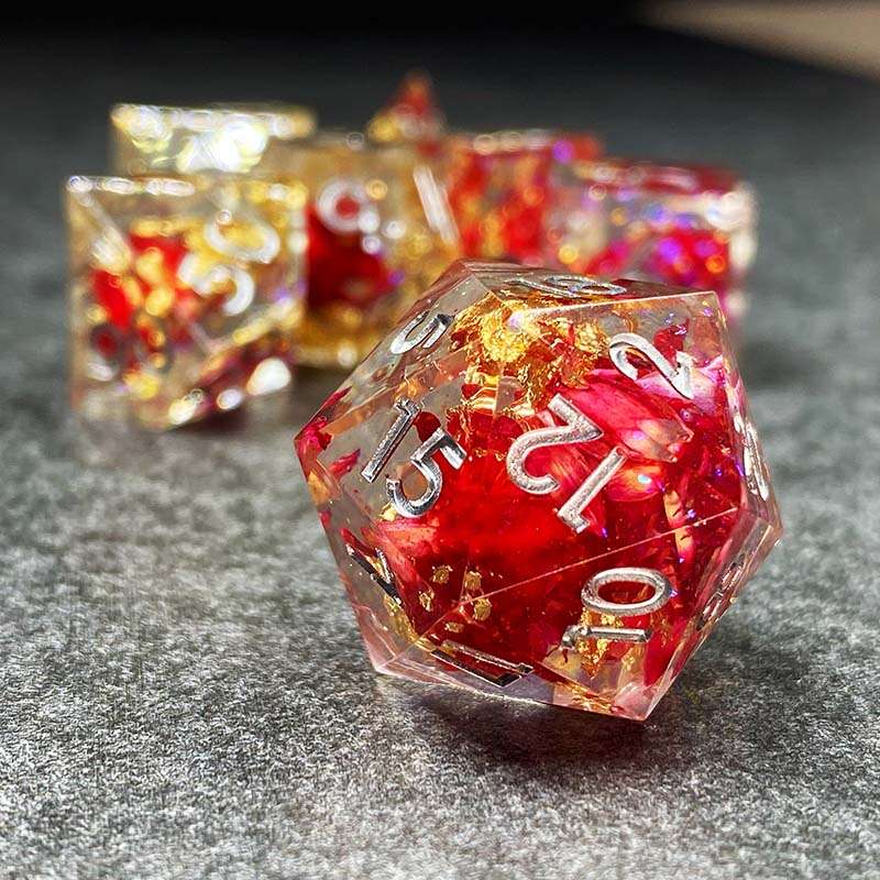 Sage’s Enchanted Flower Red/Silver Ink Sharp Edge Resin Polyhedral Dice Set image 9