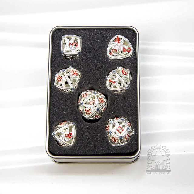 Sage’s Dragon Orb Silver Blue Diamond Hollow Metal Polyhedral Dice Set image 9
