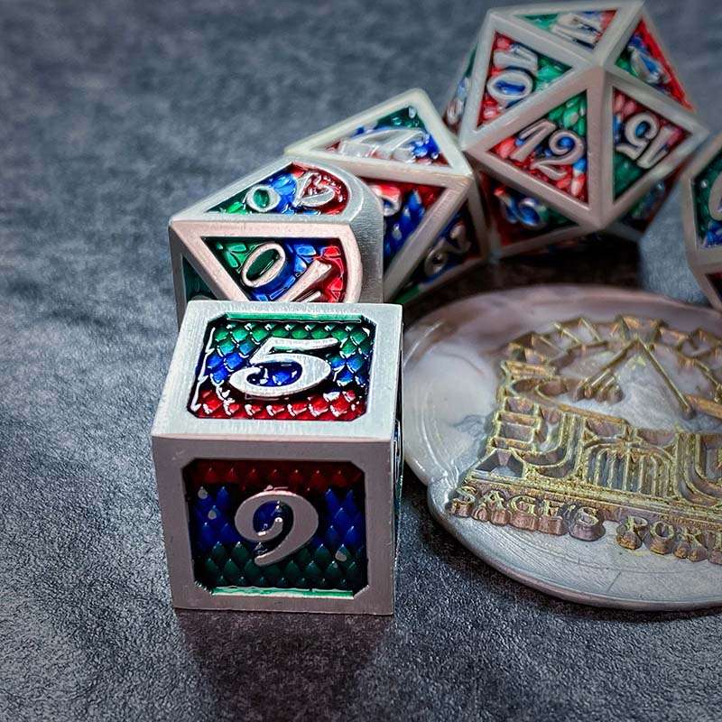 Sage's Dragonstones - Pearl Silver Chromatic Scales Metal Polyhedral Dice Set image 9