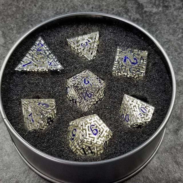 Sage's Labyrinths - Silver Weave Blue Ink Hollow Metal Polyhedral Dice Set image 36
