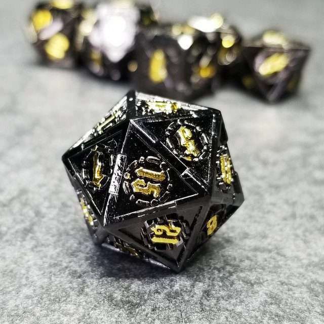 Sage's Knight's Valor - Black Inlay Gold Ink Metal Polyhedral Dice Set image 1