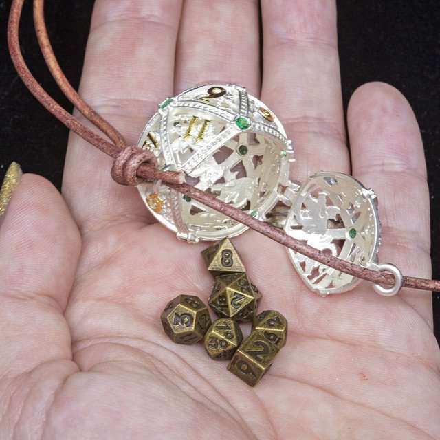 Sage’s Tiny Treasures Winter Pine Draconic Cage Necklace with Miniature Dice Set image 2