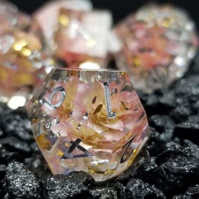 Sage’s Enchanted Flower Pink Sharp Edge Resin Polyhedral Dice Set image 12