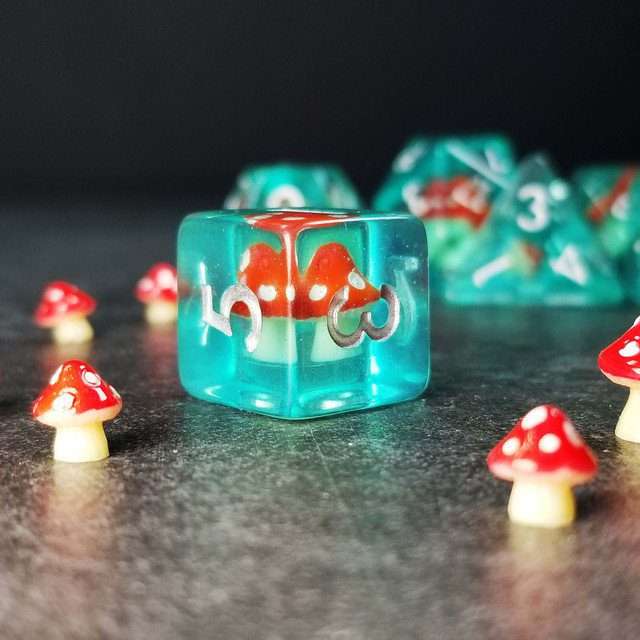 Sage's Familiars - Red Magic Shrooms Resin Polyhedral Dice Set image 1