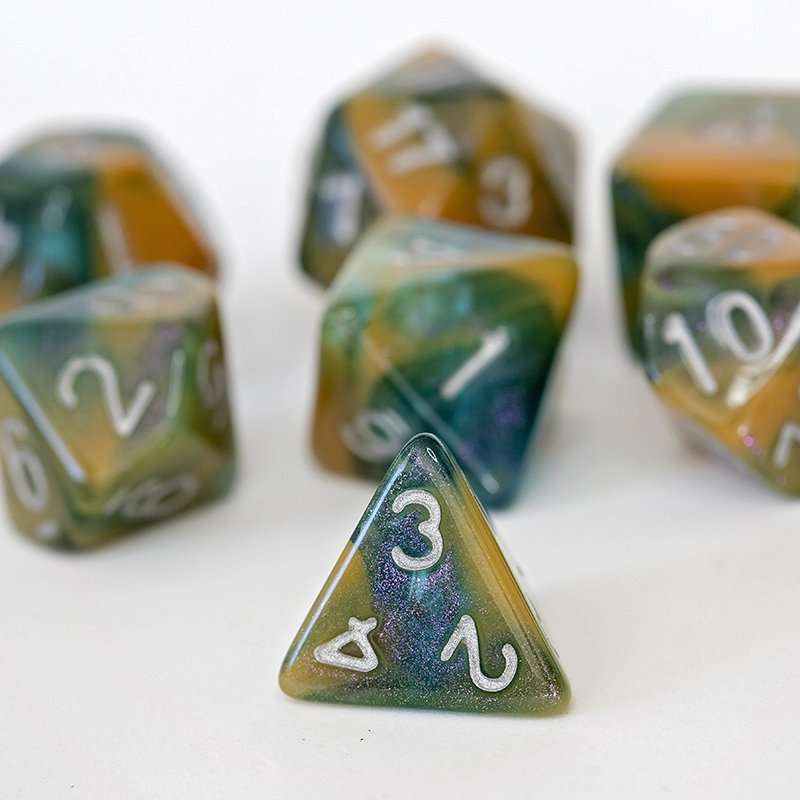 Sage's Shards - Caramel/Green/Turquoise Glitter and Silver Ink Acrylic Polyhedral Dice Set image 8