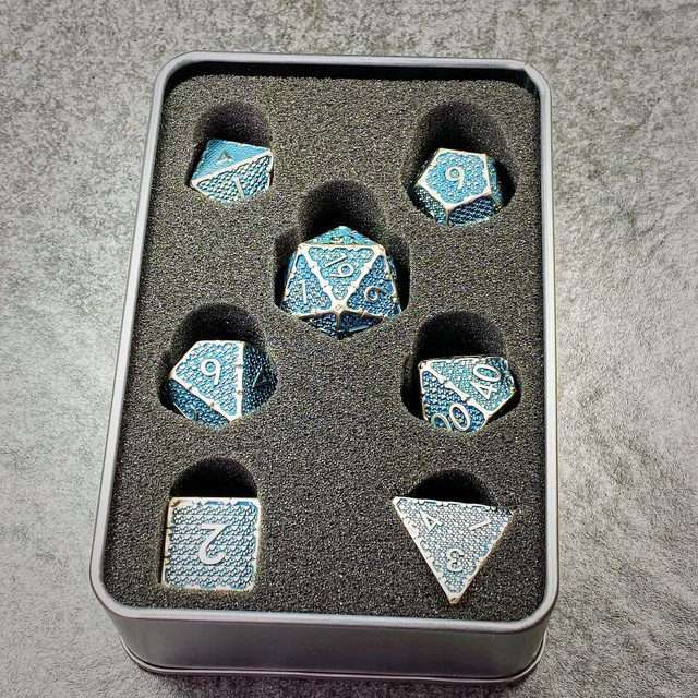 Sage's Hounds - Vintage Blue with Nickel Silver Metal Polyhedral Dice Set image 21
