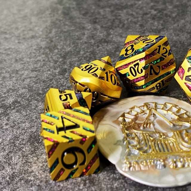 Sage's Dimension Stones - Gold Purple/Green Glitter Stripes Metal Polyhedral Dice Set image 9