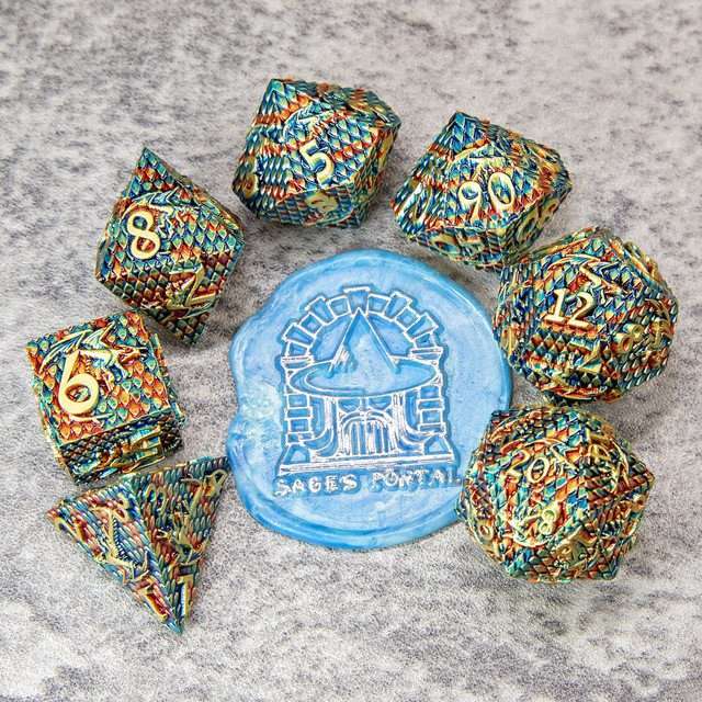 Sage's Dragonscales Green/Red/Gold Metal Polyhedral Dice Set image 10