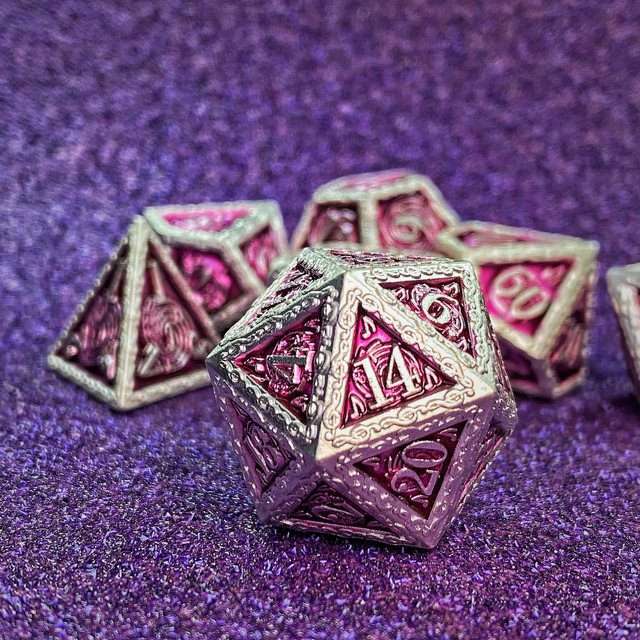 Sage's Anthems - Pearl Silver and Purple Metal Polyhedral Dice Set image 24