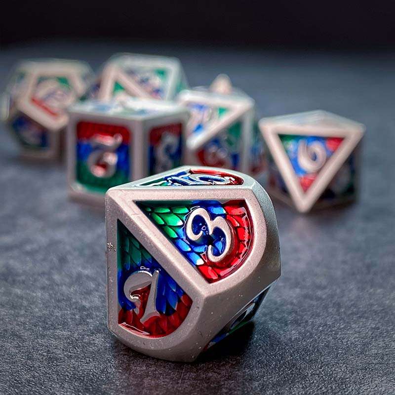 Sage's Dragonstones - Pearl Silver Chromatic Scales Metal Polyhedral Dice Set image 5