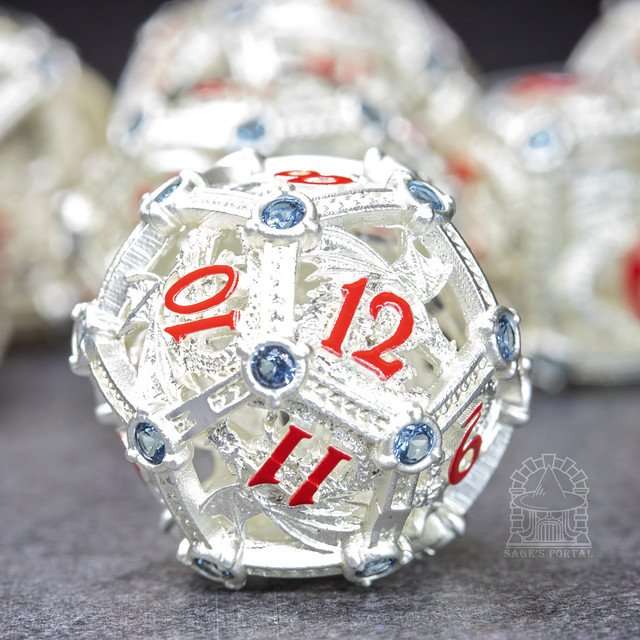Sage’s Dragon Orb Silver Blue Diamond Hollow Metal Polyhedral Dice Set image 2