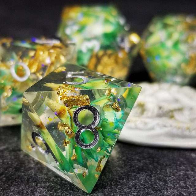 Sage’s Enchanted Flower Cyan Sharp Edge Resin Polyhedral Dice Set image 33