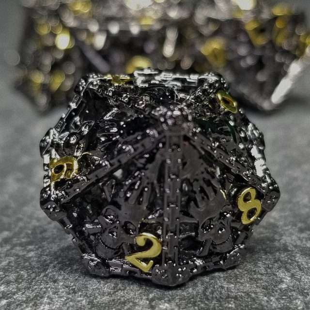 Chained Death Black/Gold Hollow Metal Polyhedral Dice Set image 4
