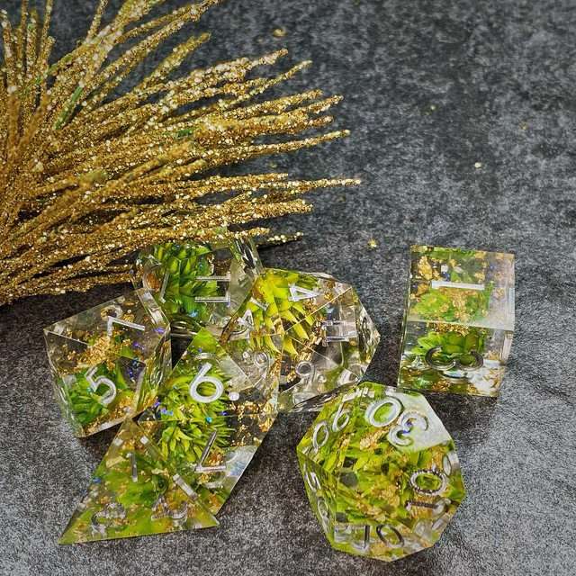 Sage’s Enchanted Flower Green Sharp Edge Resin Polyhedral Dice Set image 1
