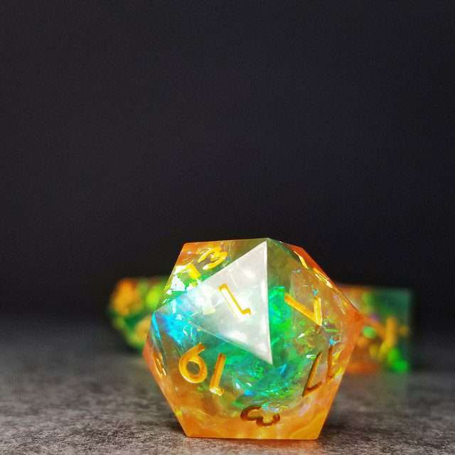 Sage's Enchanted Crystals Green/Peach Gold Ink Sharp Edge Resin Dice Set image 7