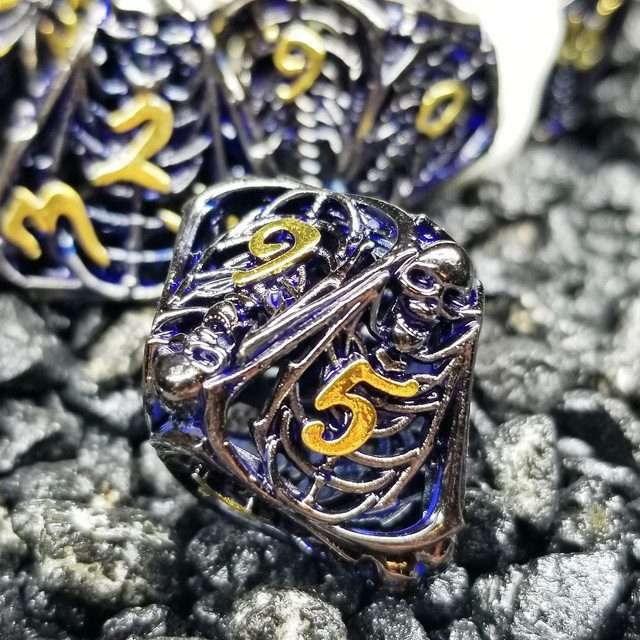 Sage's Macabre Bone Trinket Midnight Blue Inlay Black/Gold Ink Hollow Metal Polyhedral Dice Set image 4