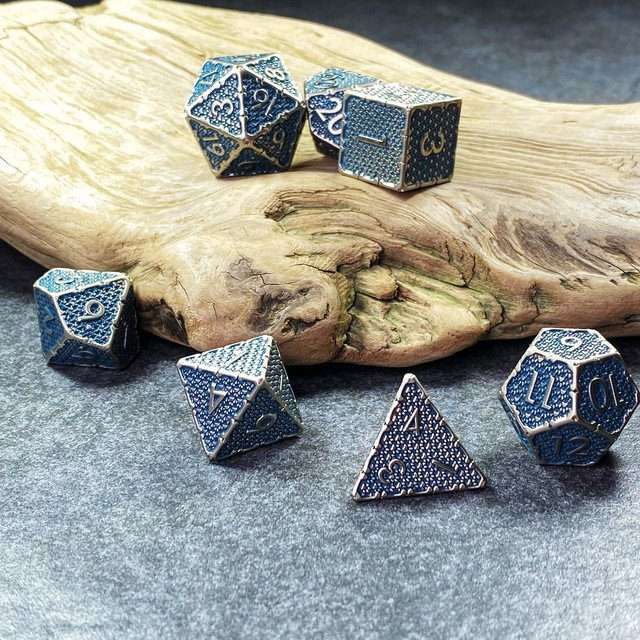 Sage's Hounds - Vintage Blue with Nickel Silver Metal Polyhedral Dice Set image 20