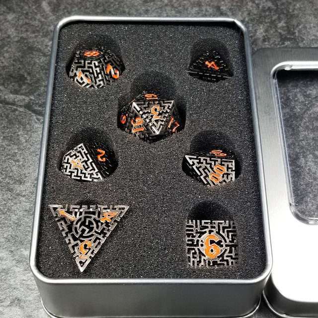 Sage's Labyrinths - Black Weave Red Ink Hollow Metal Polyhedral Dice Set image 38