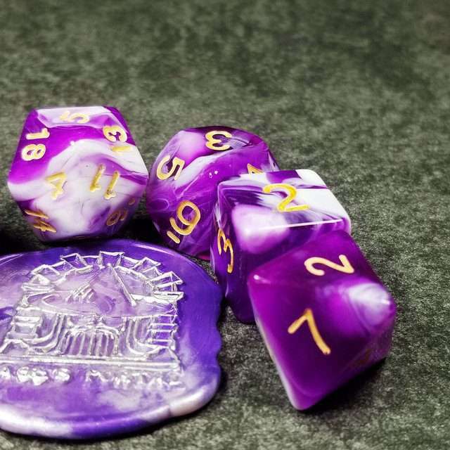 Sage's Stones - Purple/White Gold Ink Acrylic Polyhedral Dice Set image 2