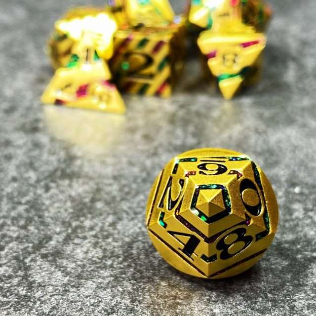 Sage's Dimension Stones - Gold Purple/Green Glitter Stripes Metal Polyhedral Dice Set image 5