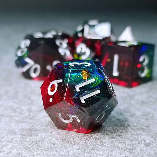 Sage's Enchanted Crystals Red/Green Holo Foil Silver Ink Sharp Edge Resin Polyhedral Dice Set image 11