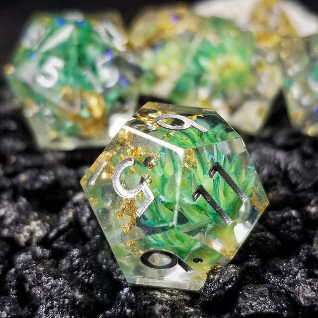 Sage’s Enchanted Flower Cyan Sharp Edge Resin Polyhedral Dice Set image 11