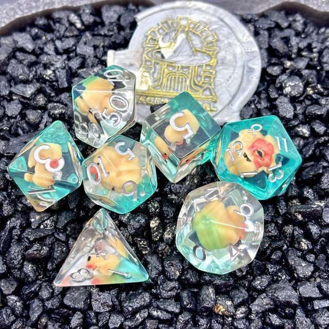Sage's Yellow Duck Familiar Resin Polyhedral Dice Set image 1