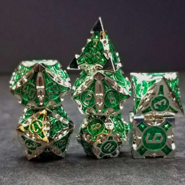 Sage’s Runic Caltrops Silver/Green Metal Polyhedral Dice Set image 8