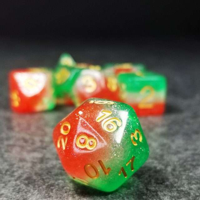 Sage’s Cantrips - Red/White/Green Watermelon Resin Polyhedral Dice Set image 8
