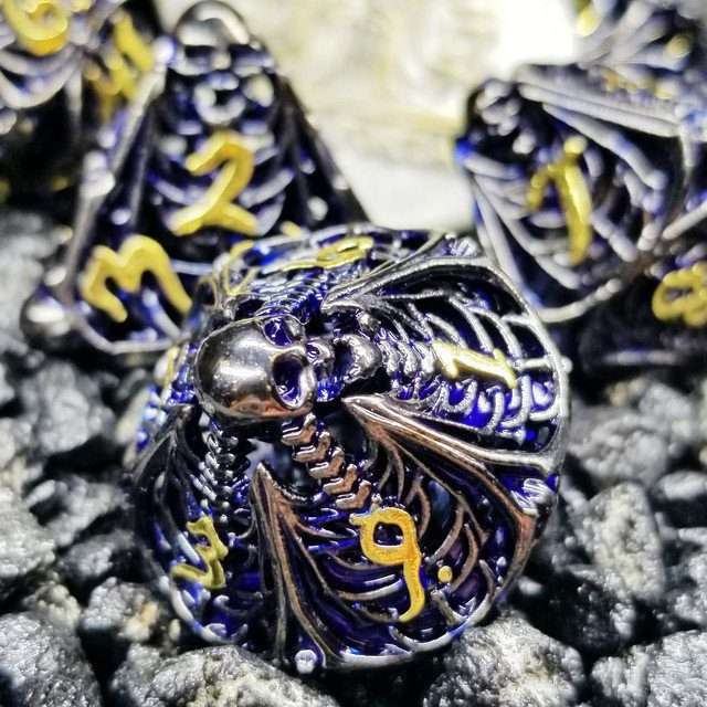Sage's Macabre Bone Trinket Midnight Blue Inlay Black/Gold Ink Hollow Metal Polyhedral Dice Set image 2