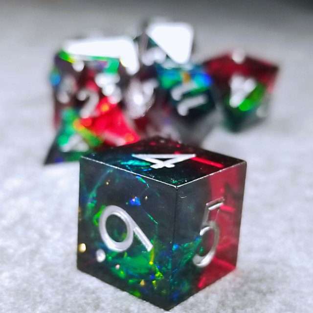 Sage's Enchanted Crystals Red/Green Holo Foil Silver Ink Sharp Edge Resin Polyhedral Dice Set image 3