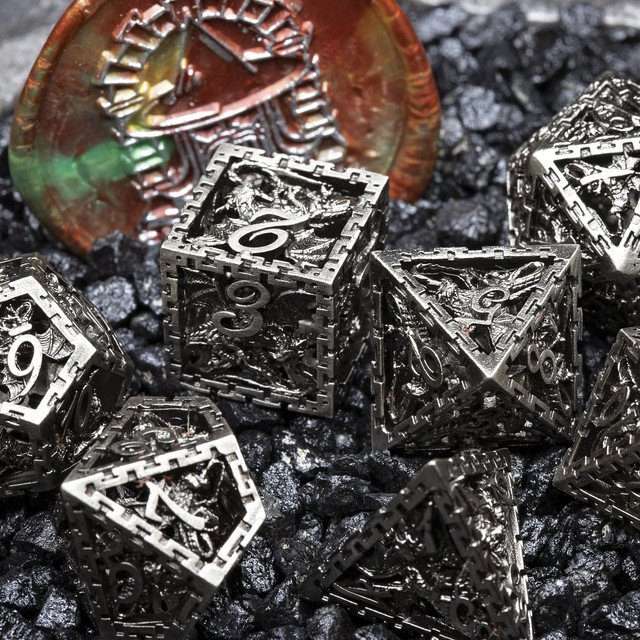 Sage's Dragonstones - Chained Noble Dragon Nickel Silver Hollow Metal Polyhedral Dice Set image 0