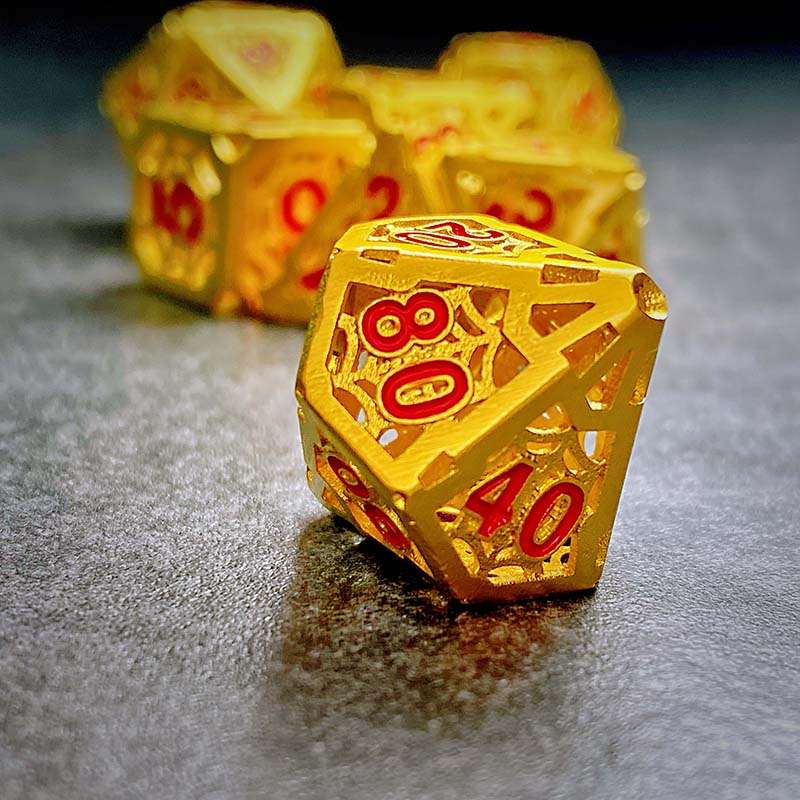 Sage's Gnomish Trinkets - Hollow Gold Spider Trinket Red Ink Metal Polyhedral Dice Set image 3