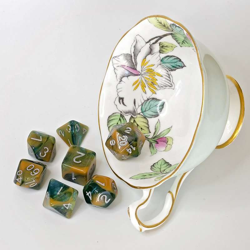 Sage's Shards - Caramel/Green/Turquoise Glitter and Silver Ink Acrylic Polyhedral Dice Set image 15