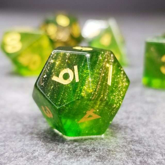 Sage's Treasures- Green Glass Layered Gold Glitter Gemstone Polyhedral Dice Set image 2