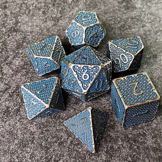 Sage's Hounds - Vintage Blue with Nickel Silver Metal Polyhedral Dice Set image 18