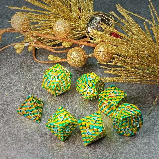 Sage's Dragonstones - Scaled Eggs Green/Yellow Metal Polyhedral Dice image 10