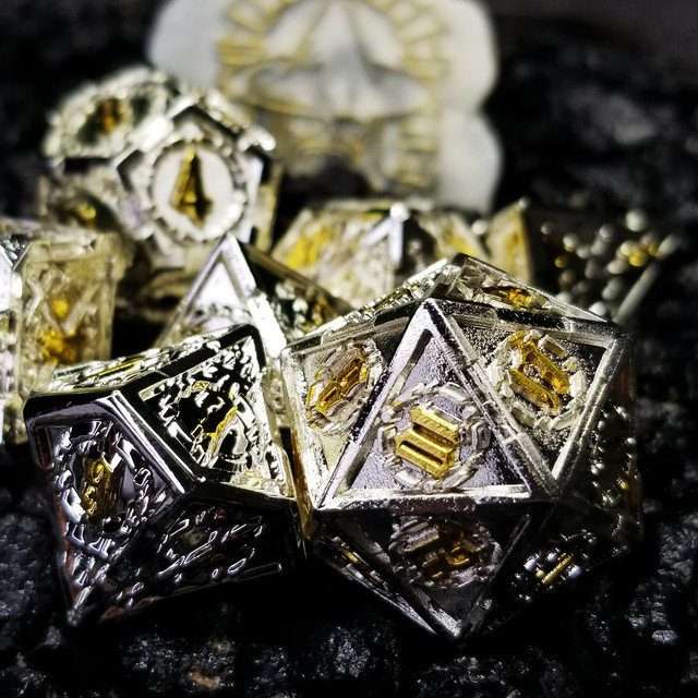 Sage's Knight's Valor - Truesilver Gold Ink Metal Polyhedral Dice Set image 0
