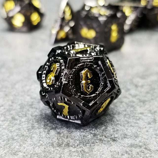 Sage's Knight's Valor - Black Inlay Gold Ink Metal Polyhedral Dice Set image 2