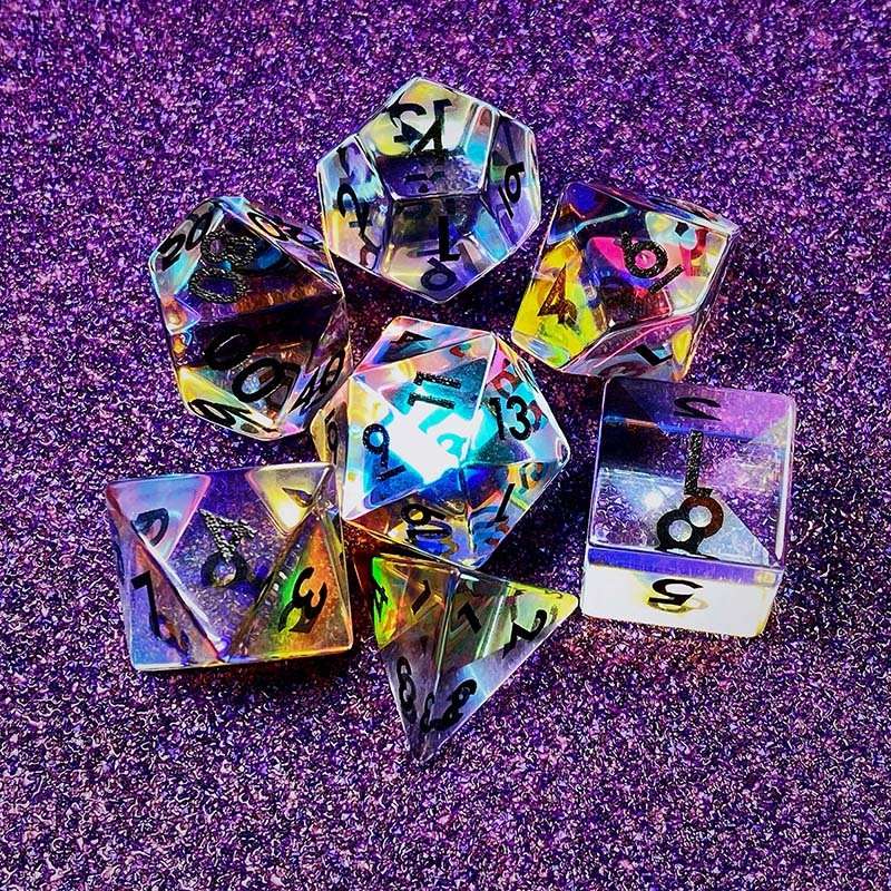 Sage's Treasures - Captured Rainbow Black Ink Dichroic Rainbow Glass Polyhedral Dice Set image 10