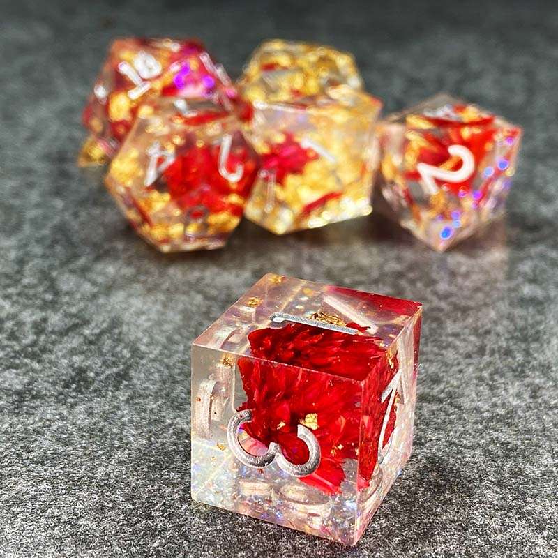 Sage’s Enchanted Flower Red/Silver Ink Sharp Edge Resin Polyhedral Dice Set image 16