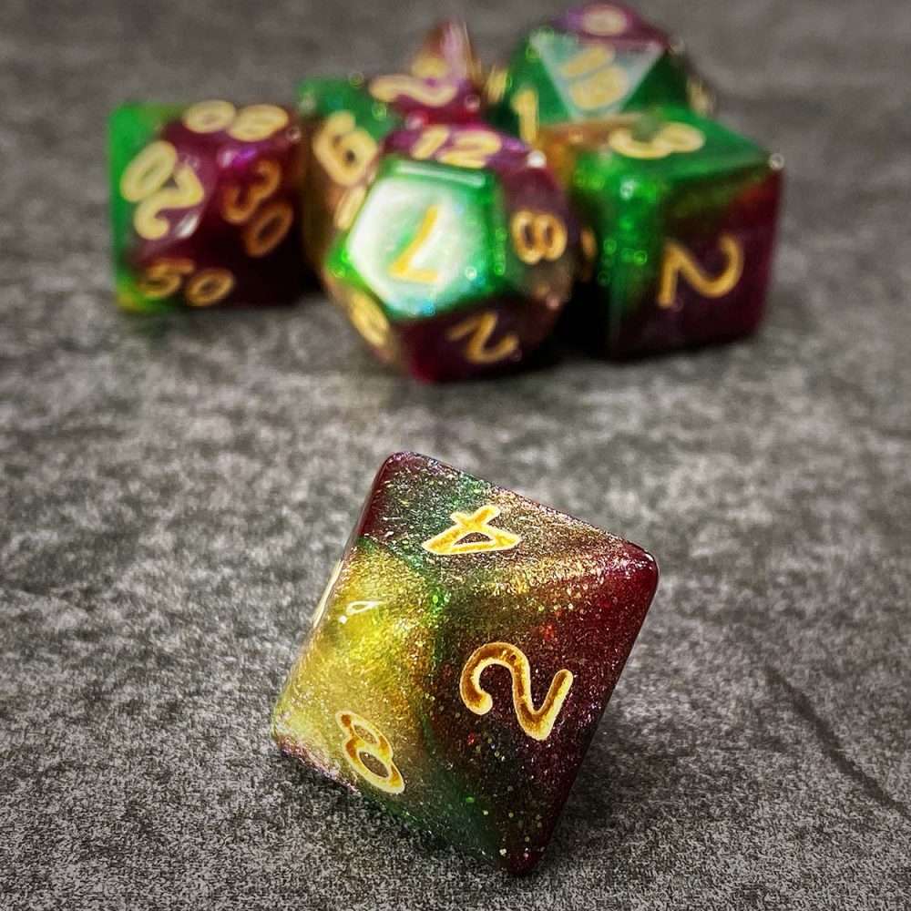 Sage's Shards - Green/Lime/Purple and Gold Ink Glitter Polyhedral Dice Set image 2