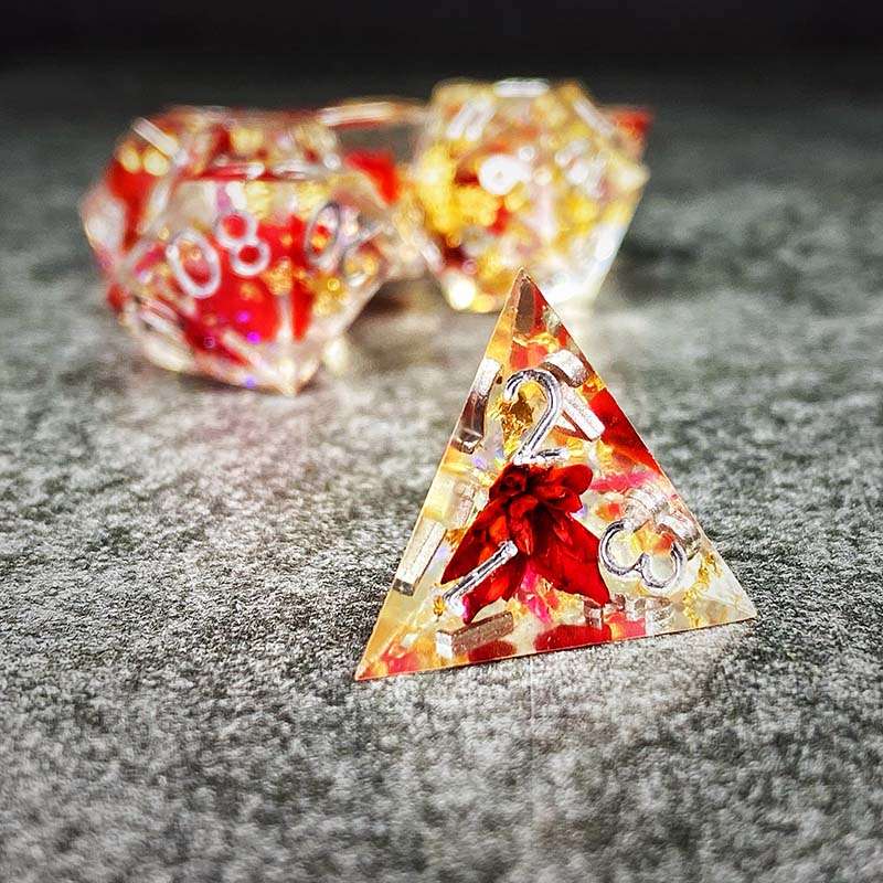 Sage’s Enchanted Flower Red/Silver Ink Sharp Edge Resin Polyhedral Dice Set image 8